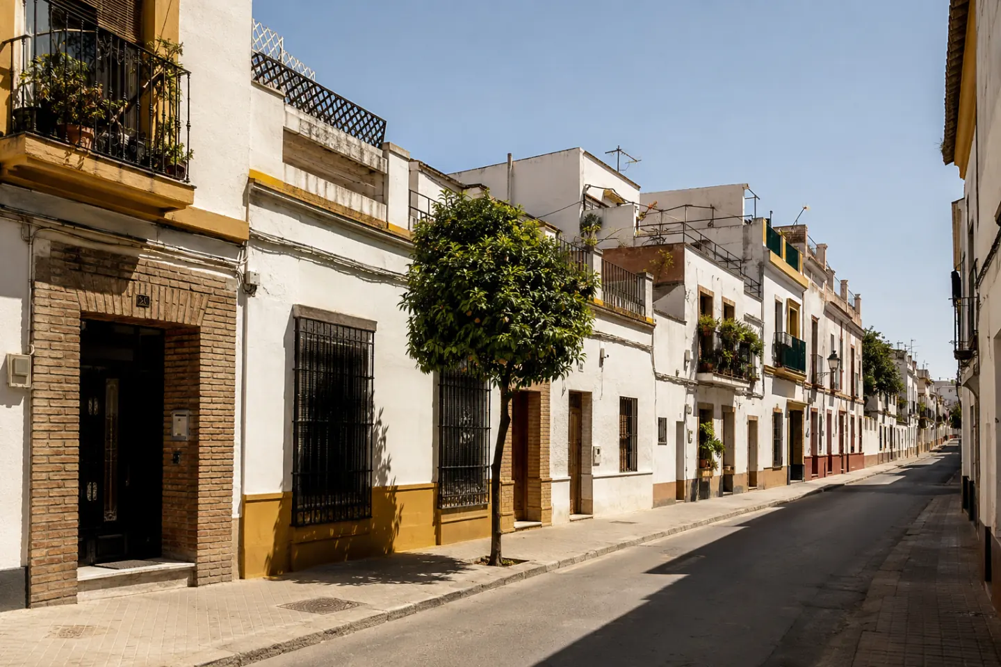 Calle residencial con fachadas encaladas, rejas de hierro y un naranjo dando sombra