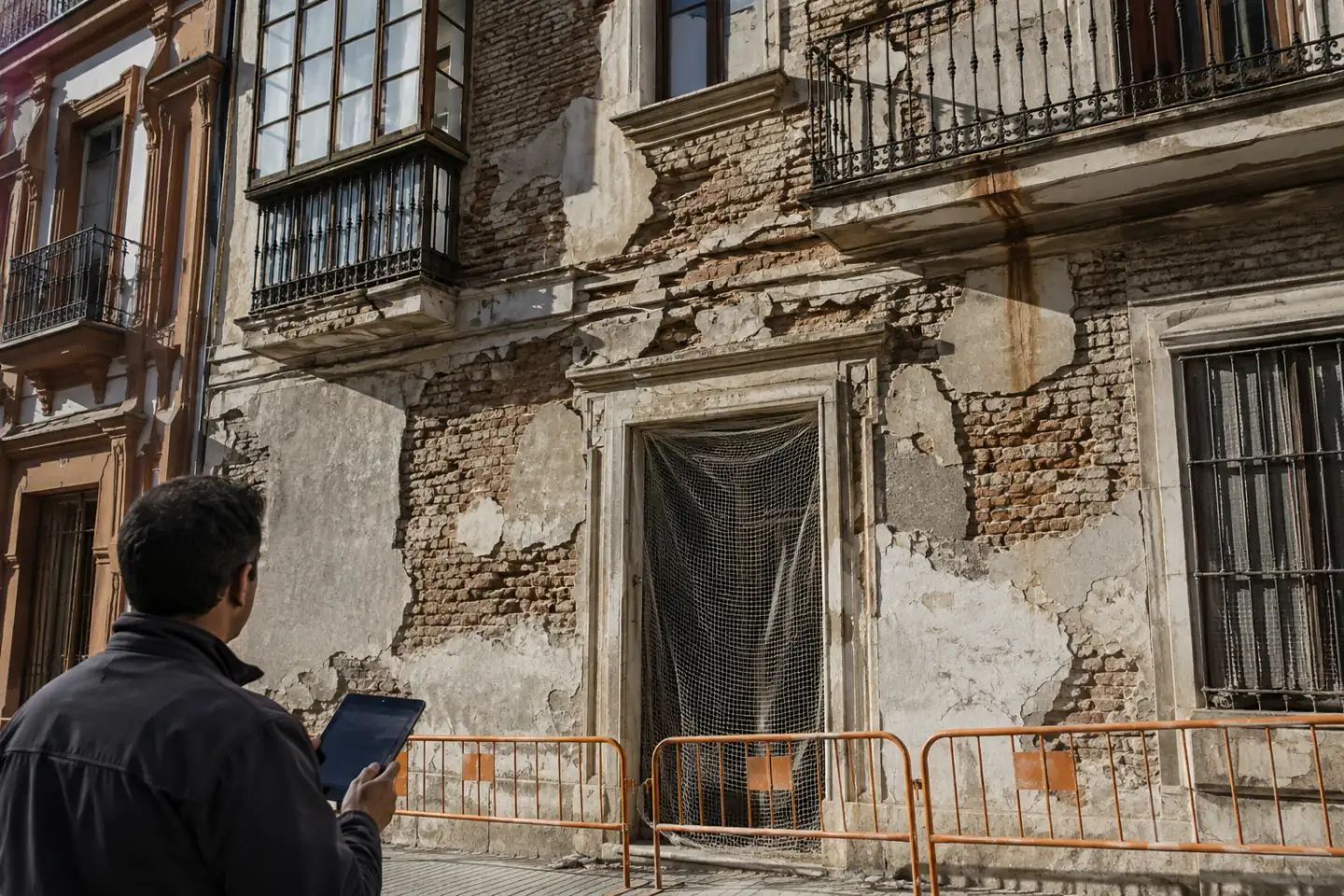 Fachada de ladrillo con revestimiento desprendido y una zona acotada con vallas al pie