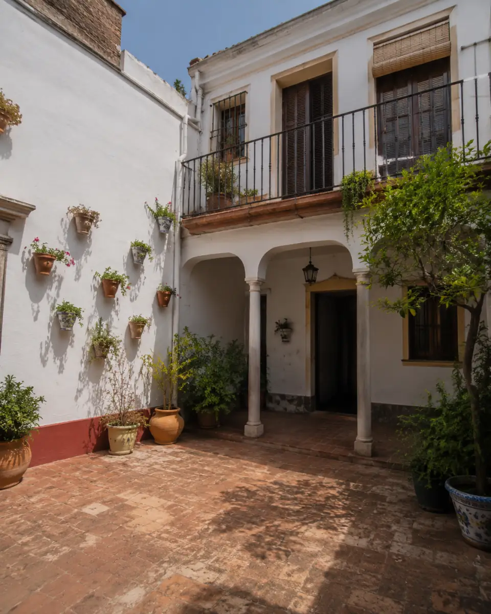 Patio de una casa sevillana con galería, solería de barro y macetas sobre la pared encalada